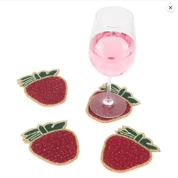 Hand Beaded Strawberry Coaster Set by On Cloud 9 - Picture 2 of 6